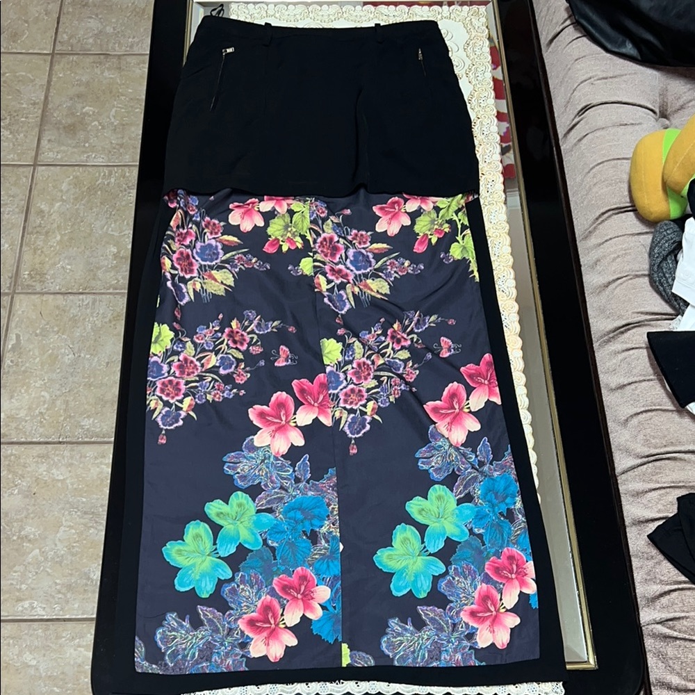 Black high low maxi skirt with floral lining
